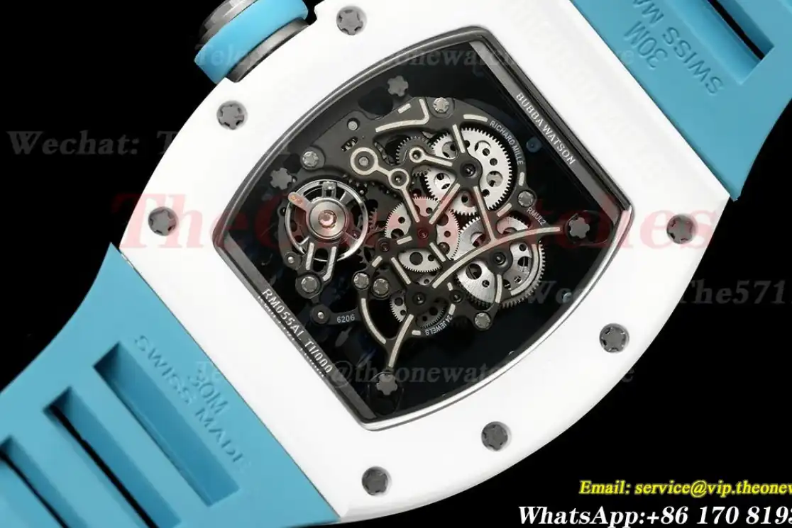 RM055 White Ceramic Blue Skeleton Dial On Blue Rubber Strap T+F RMUL2