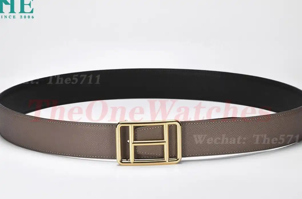 YG Hermes SS Buckle on Apricot Black Leather Belt 3.8cm