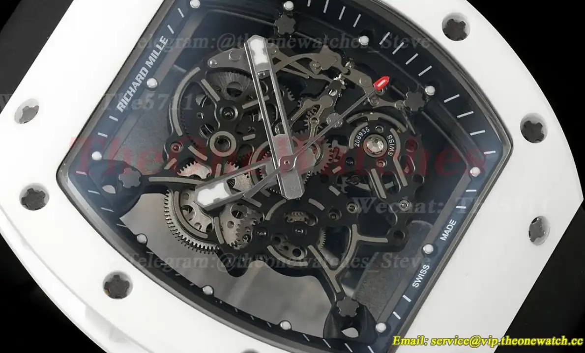 RM055 White Ceramic Black Skeleton Dial On Black Rubber Strap T+F RMUL2