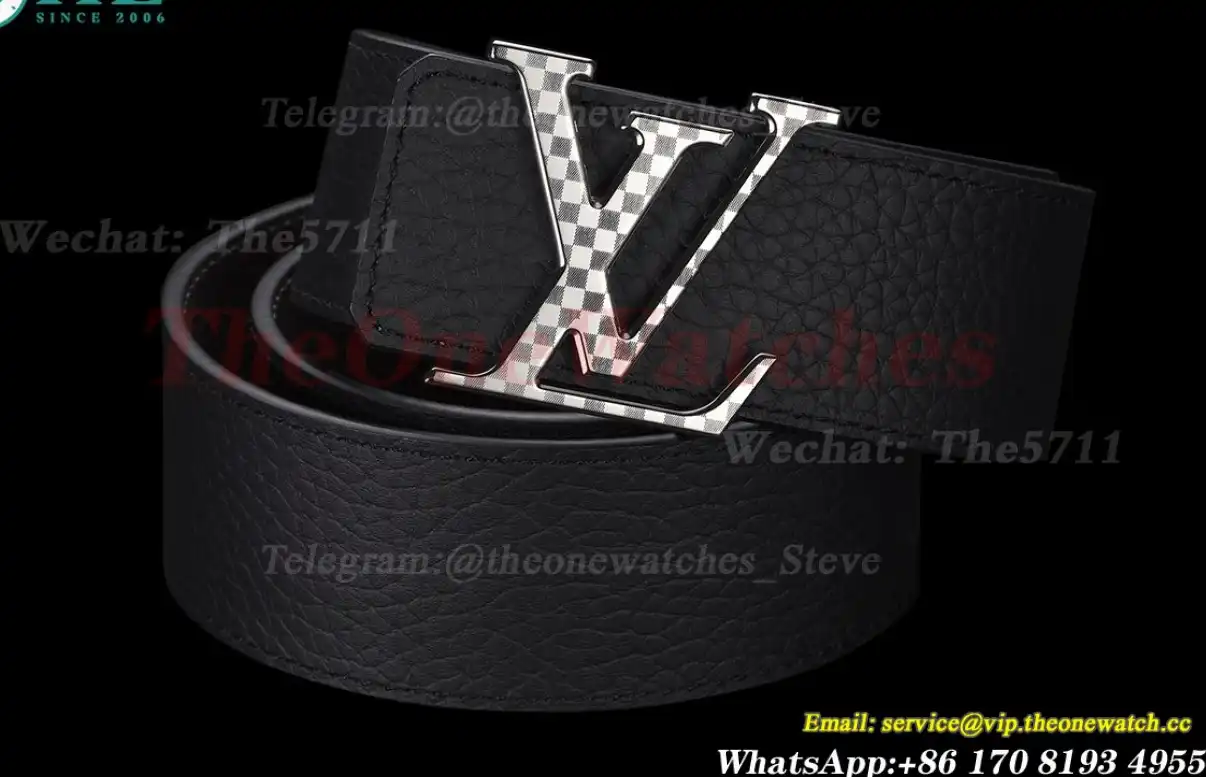 Silver Stamp LV Brass Buckle on Black Leather Belt 4.0cm