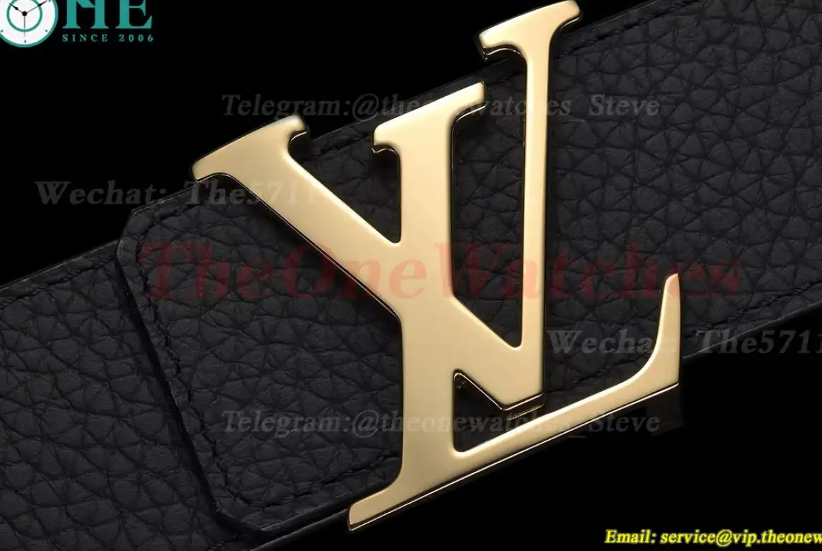 Yellow Gold LV Brass Buckle on Black Leather Belt 4.0cm