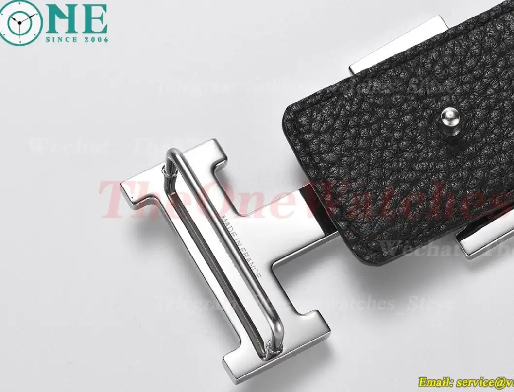 Silver Hermes SS Buckle on Black Black Leather Belt 3.8cm