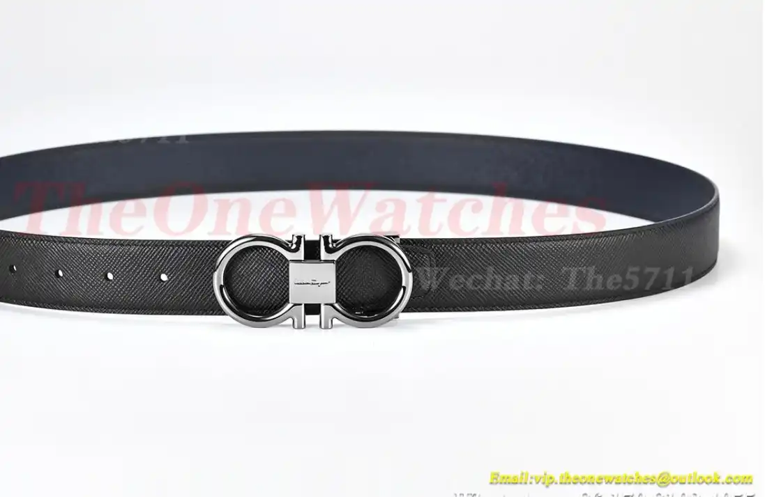 Bright Grey Brass Buckle on Black Blue Leather Belt 3.5cm