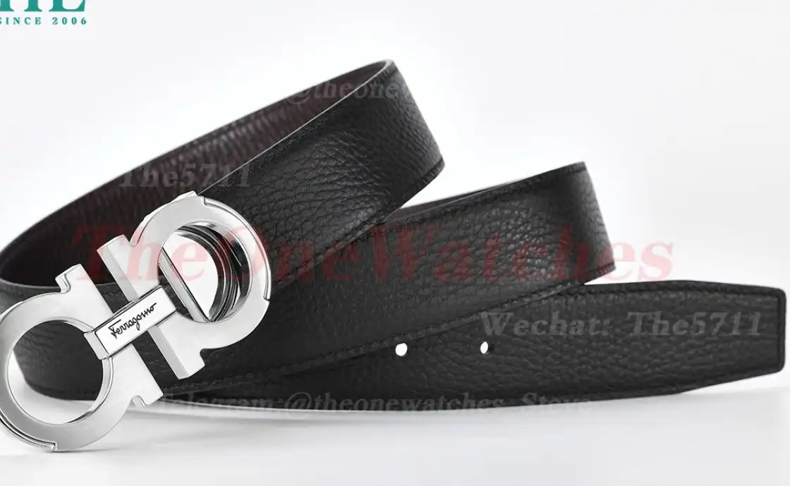 Silver Brass Buckle on Black Brownish Leather Belt 3.5cm