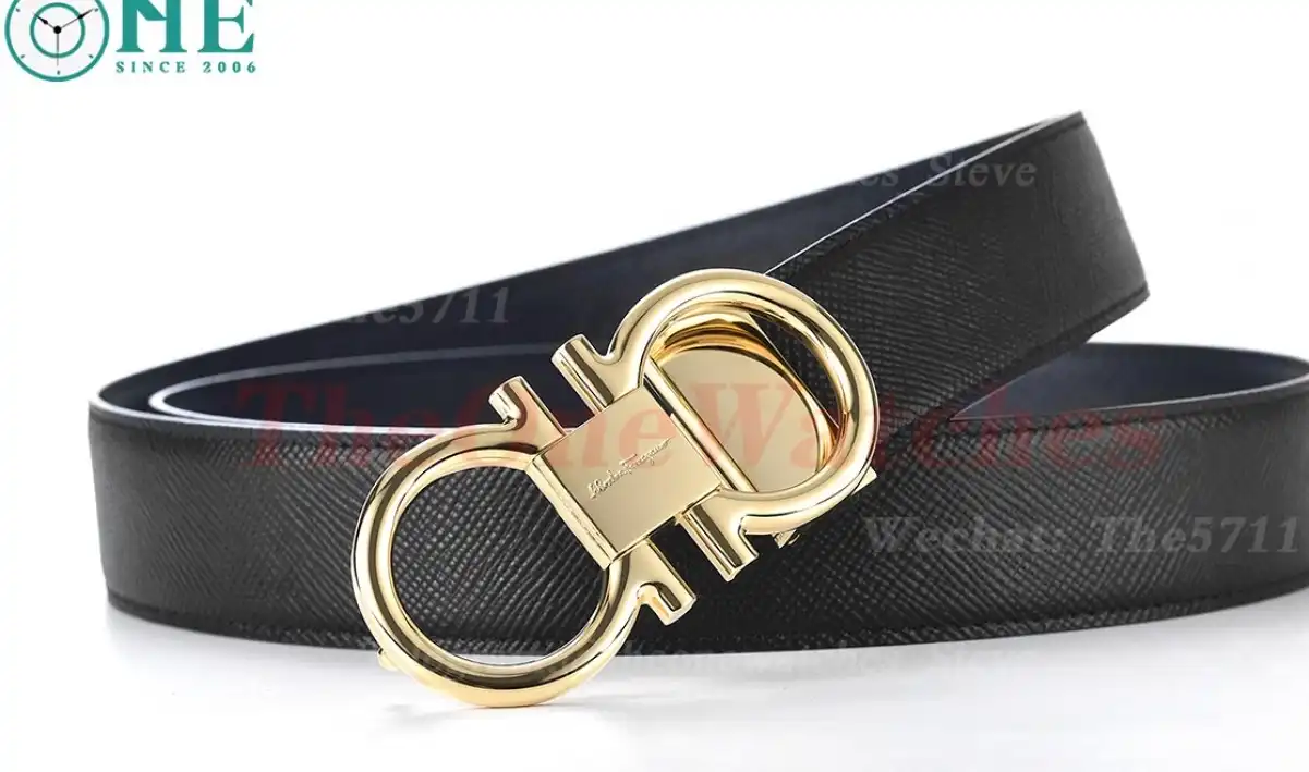 YG Brass Buckle on Black Blue Leather Belt 3.5cm