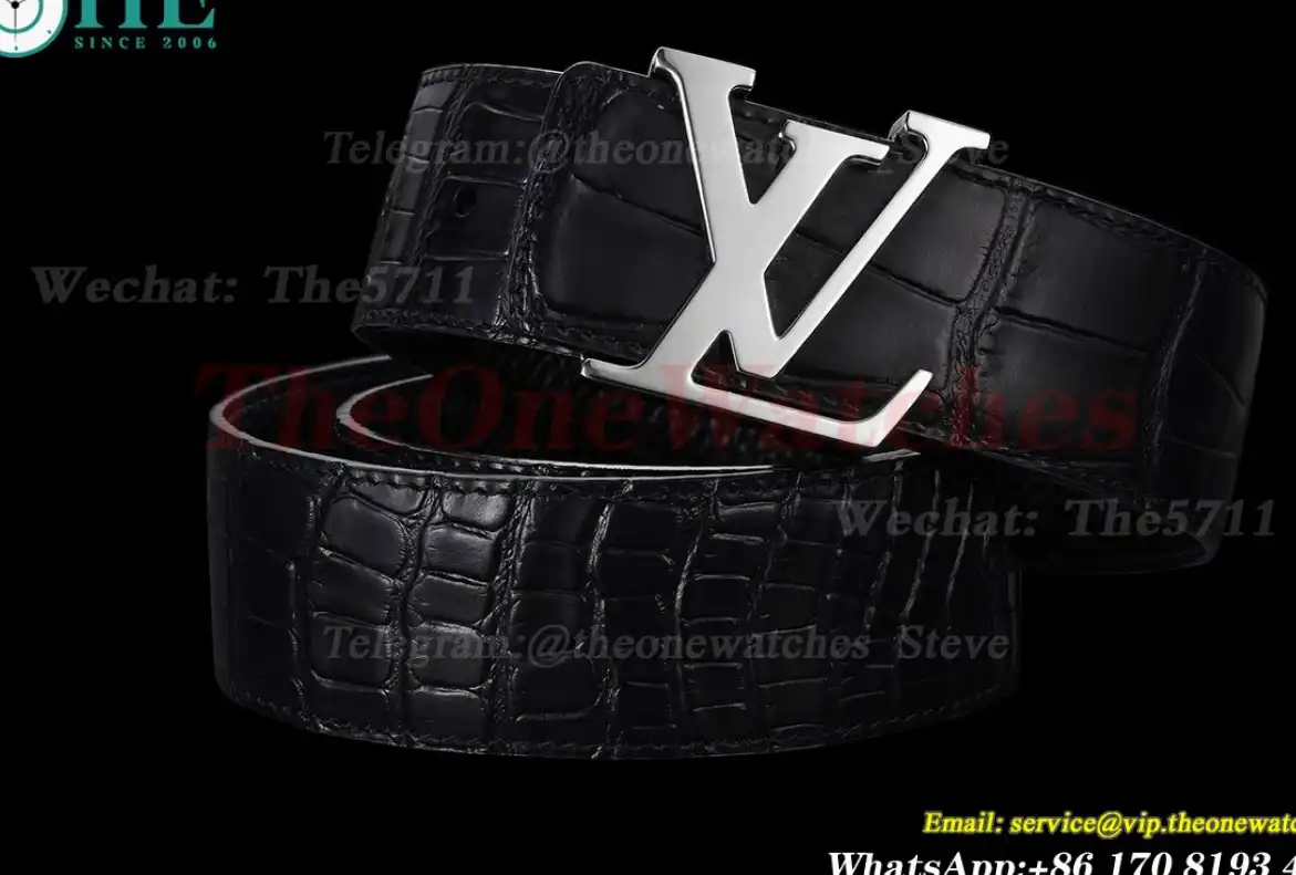 Silver LV Brass Buckle on Black Leather Belt 4.0cm