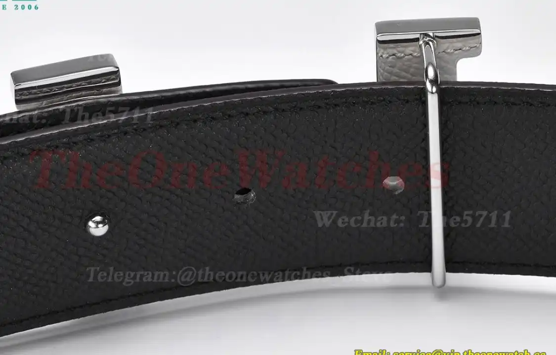 Silver Hermes SS Buckle on White Black Leather Belt 3.8cm