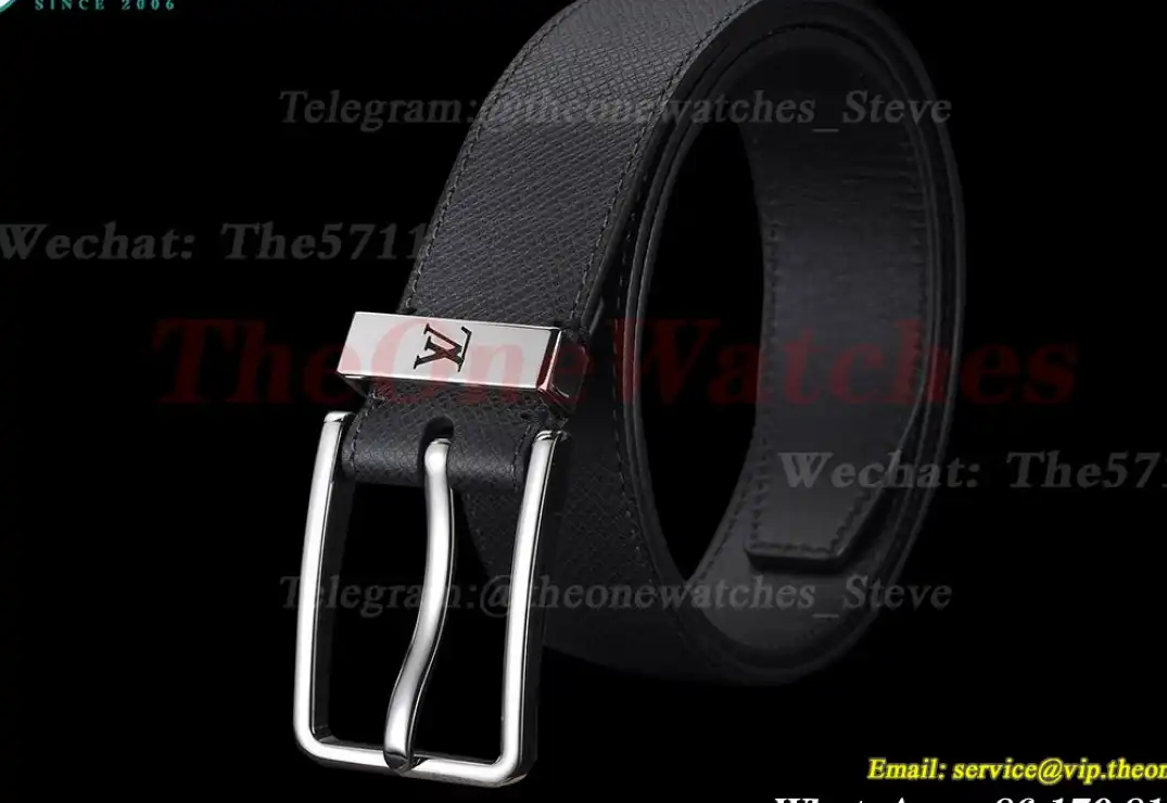 Silver LV SS Buckle on Black Leather Belt 3.5cm