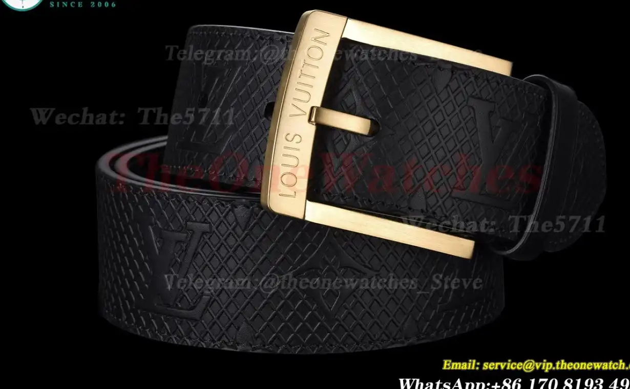 Yellow Gold LV Brass Buckle on Black Leather Belt 4.0cm