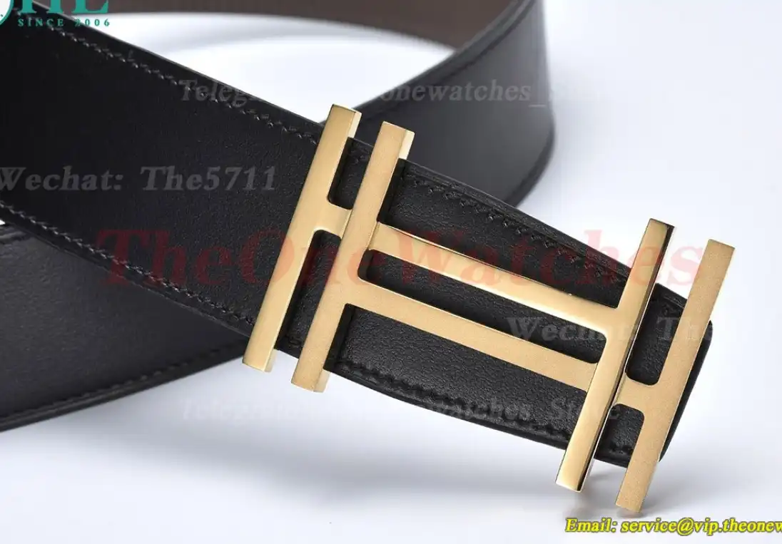 YG Hermes SS Buckle on Apricot Black Leather Belt 3.8cm