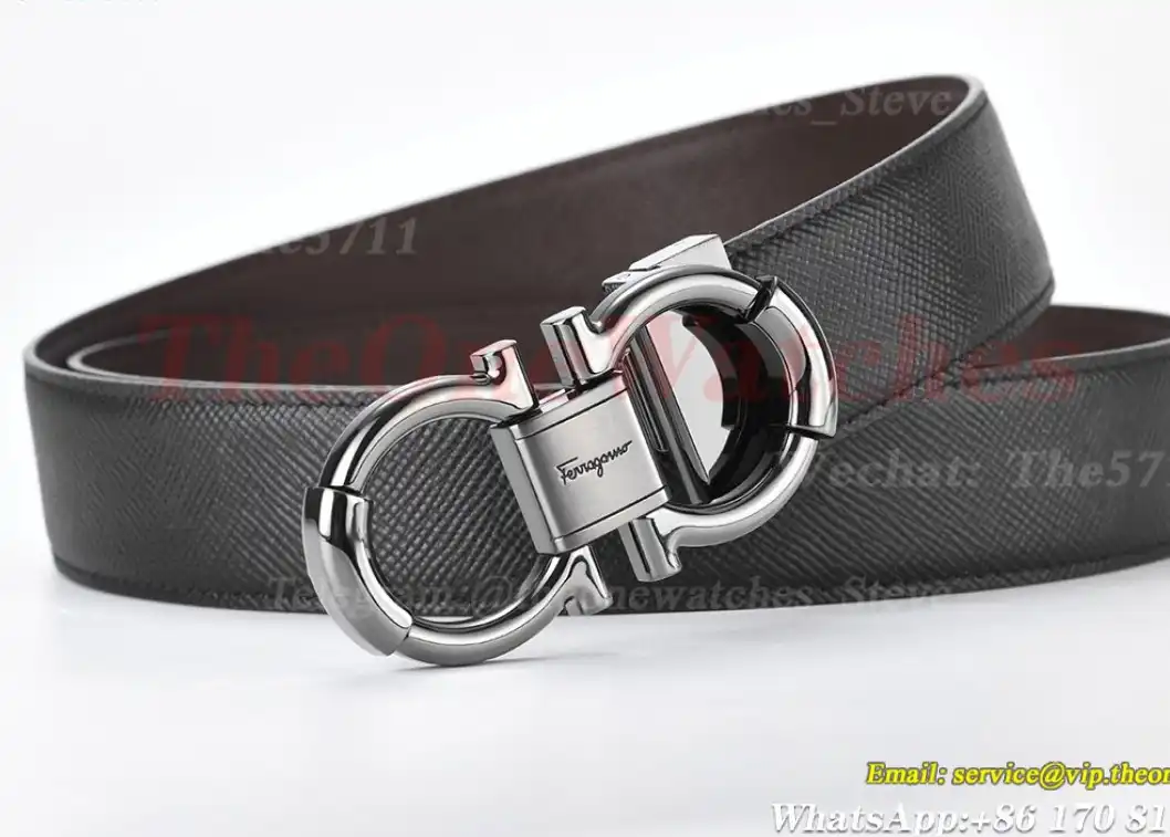 Bright Grey Brass Buckle on Black Brownish Leather Belt 3.5cm