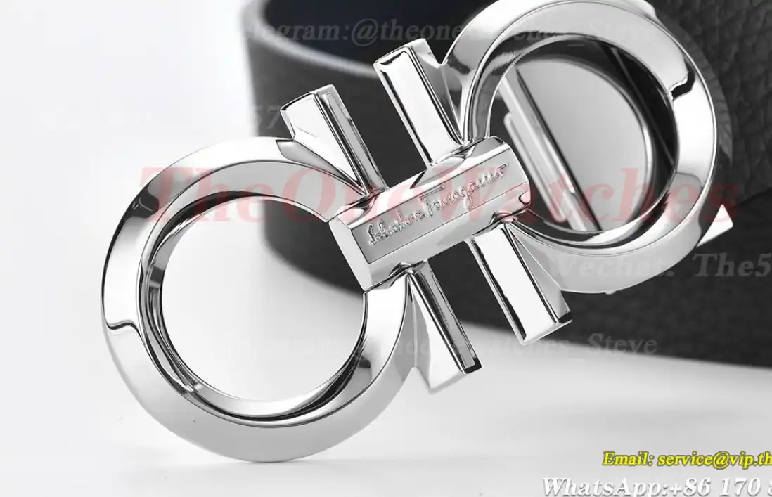 Silver Brass Buckle on Black Blue Leather Belt 3.5cm