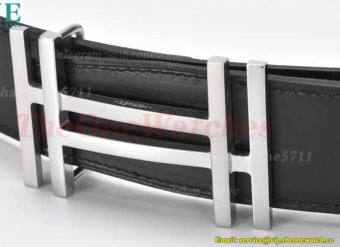 Silver Hermes SS Buckle on Brown Black Leather Belt 3.8cm