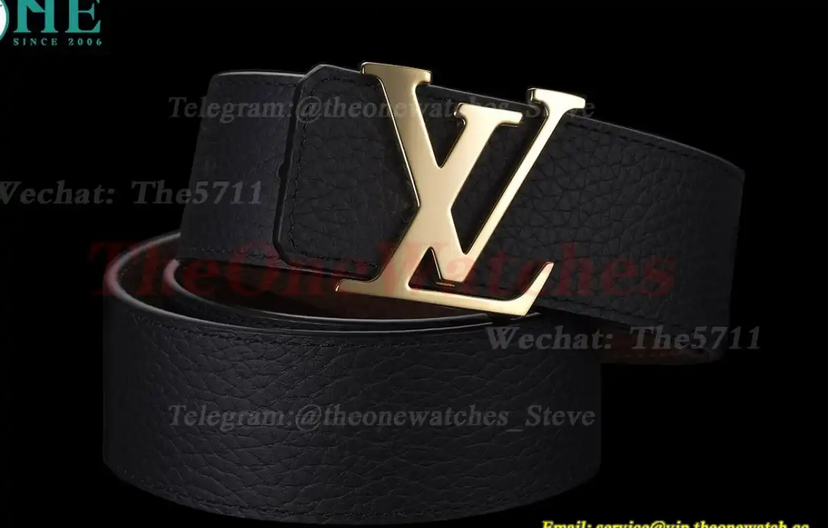 Yellow Gold LV Brass Buckle on Black Leather Belt 4.0cm