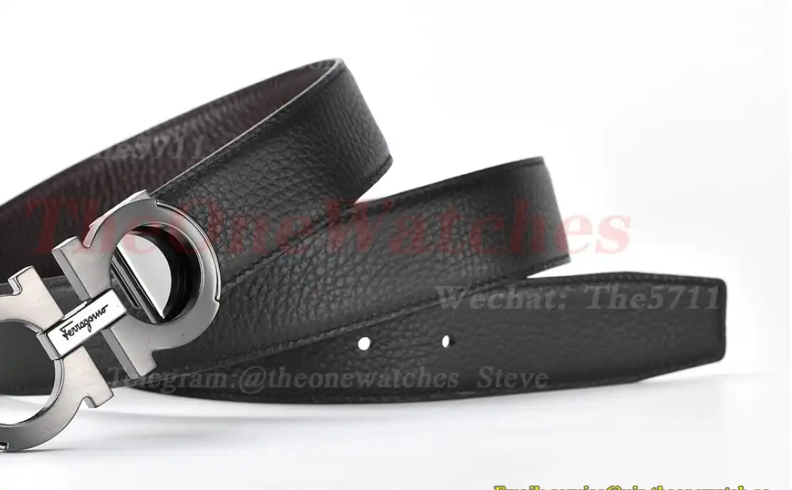 Bright Grey Brass Buckle on Black Brownish Leather Belt 3.5cm