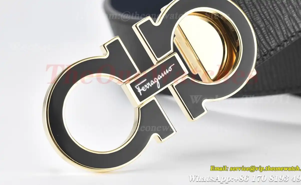 PVD YG Brass Buckle on Black Blue Leather Belt 3.5cm