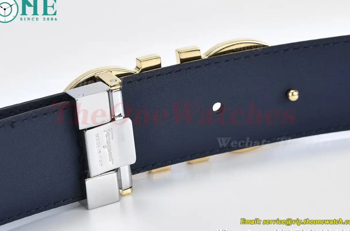 YG Brass Buckle on Black Blue Leather Belt 3.5cm