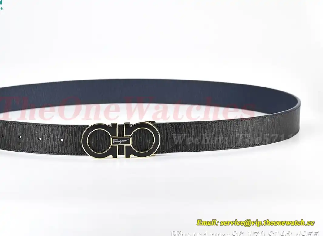 PVD YG Brass Buckle on Black Blue Leather Belt 3.5cm