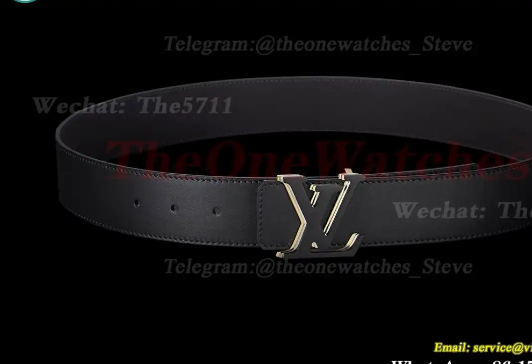 Triple LV Brass Buckle on Black Leather Belt 4.0cm