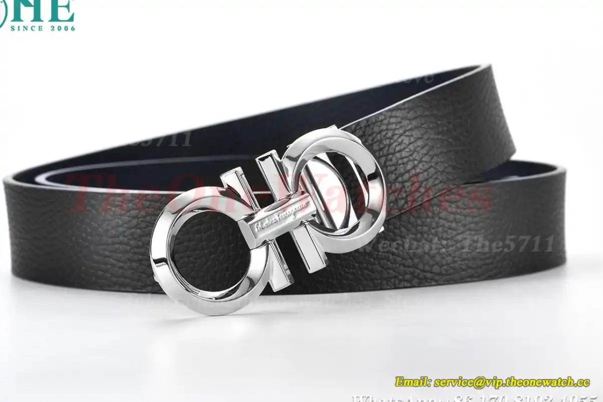 Silver Brass Buckle on Black Blue Leather Belt 3.5cm