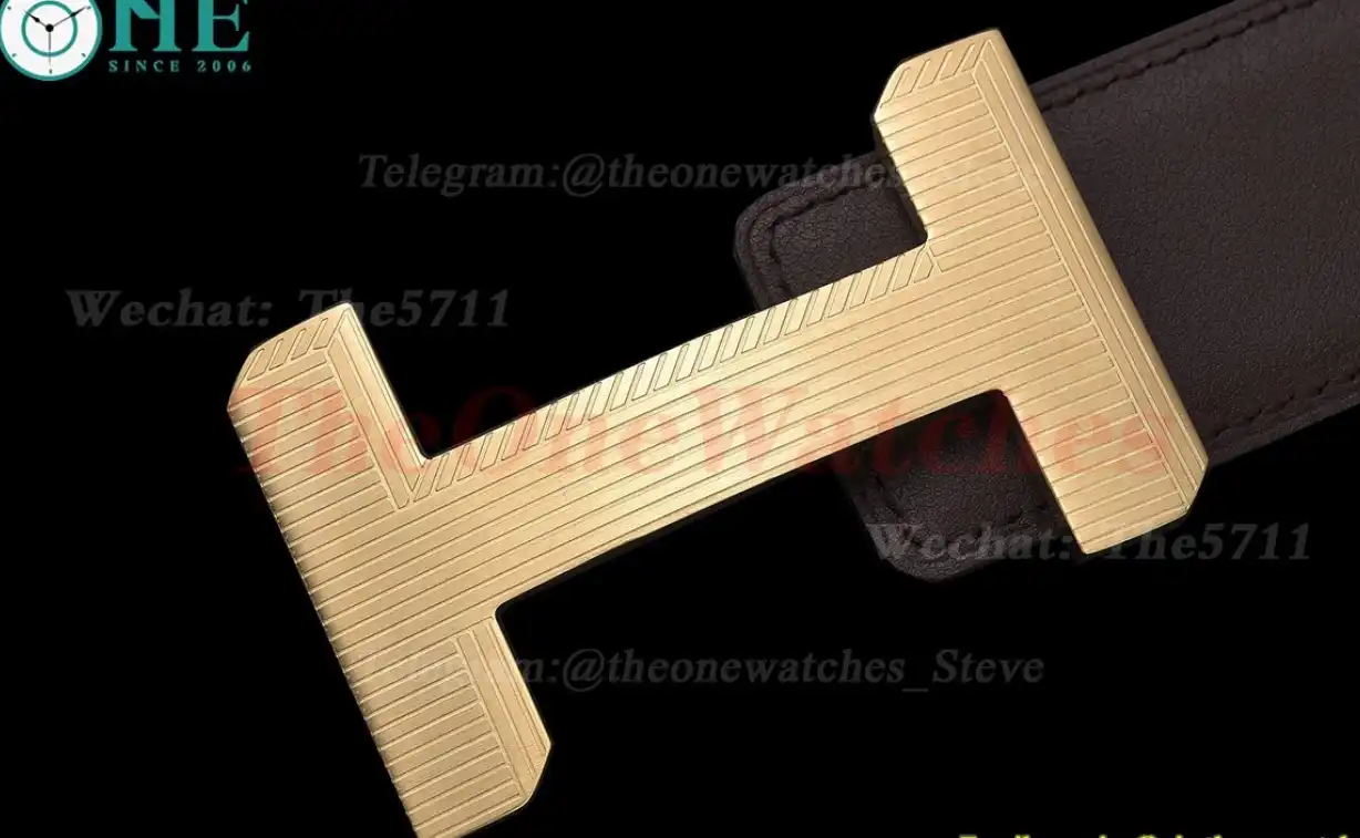 Yellow Gold Hermes SS Buckle on Brown Leather Belt 3.9cm