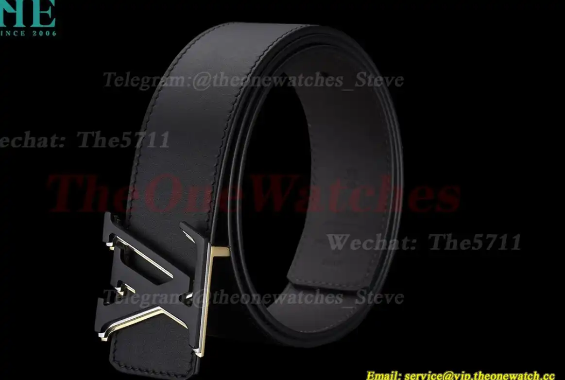 Triple LV Brass Buckle on Black Leather Belt 4.0cm