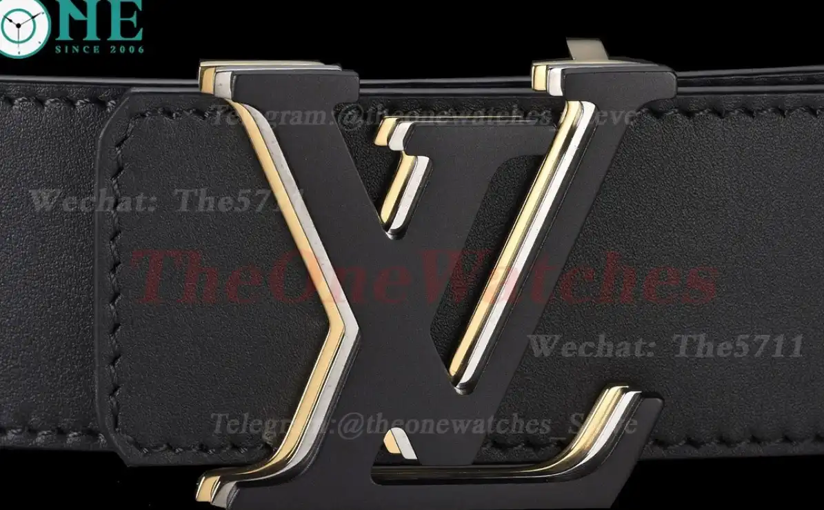 Triple LV Brass Buckle on Black Leather Belt 4.0cm