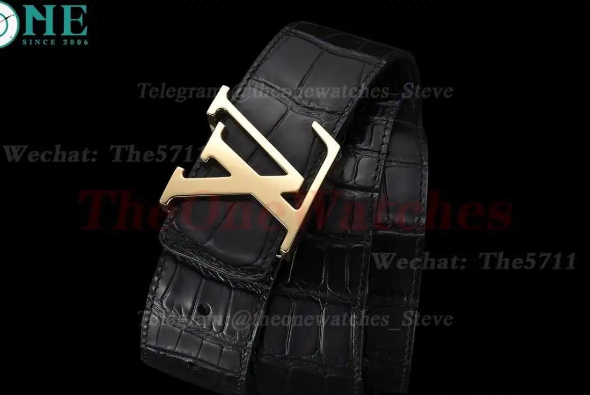 Yellow Gold LV Brass Buckle on Black Leather Belt 4.0cm