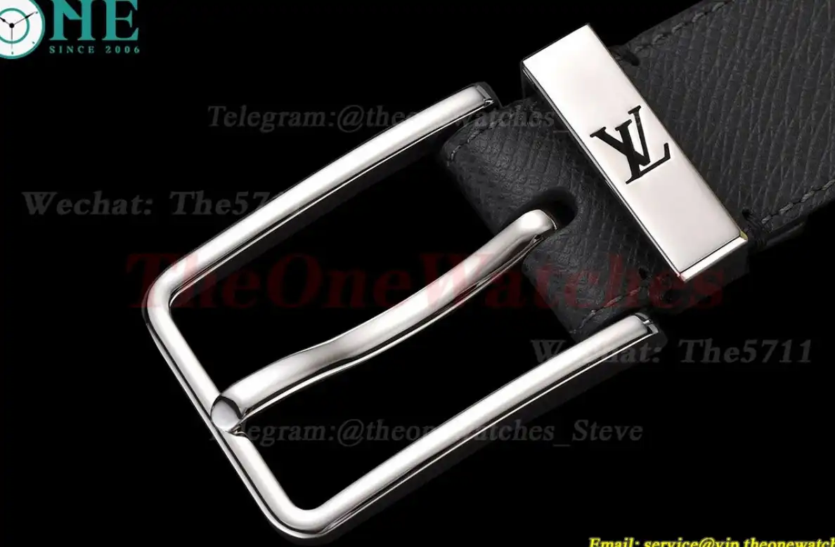 Silver LV SS Buckle on Black Leather Belt 3.5cm