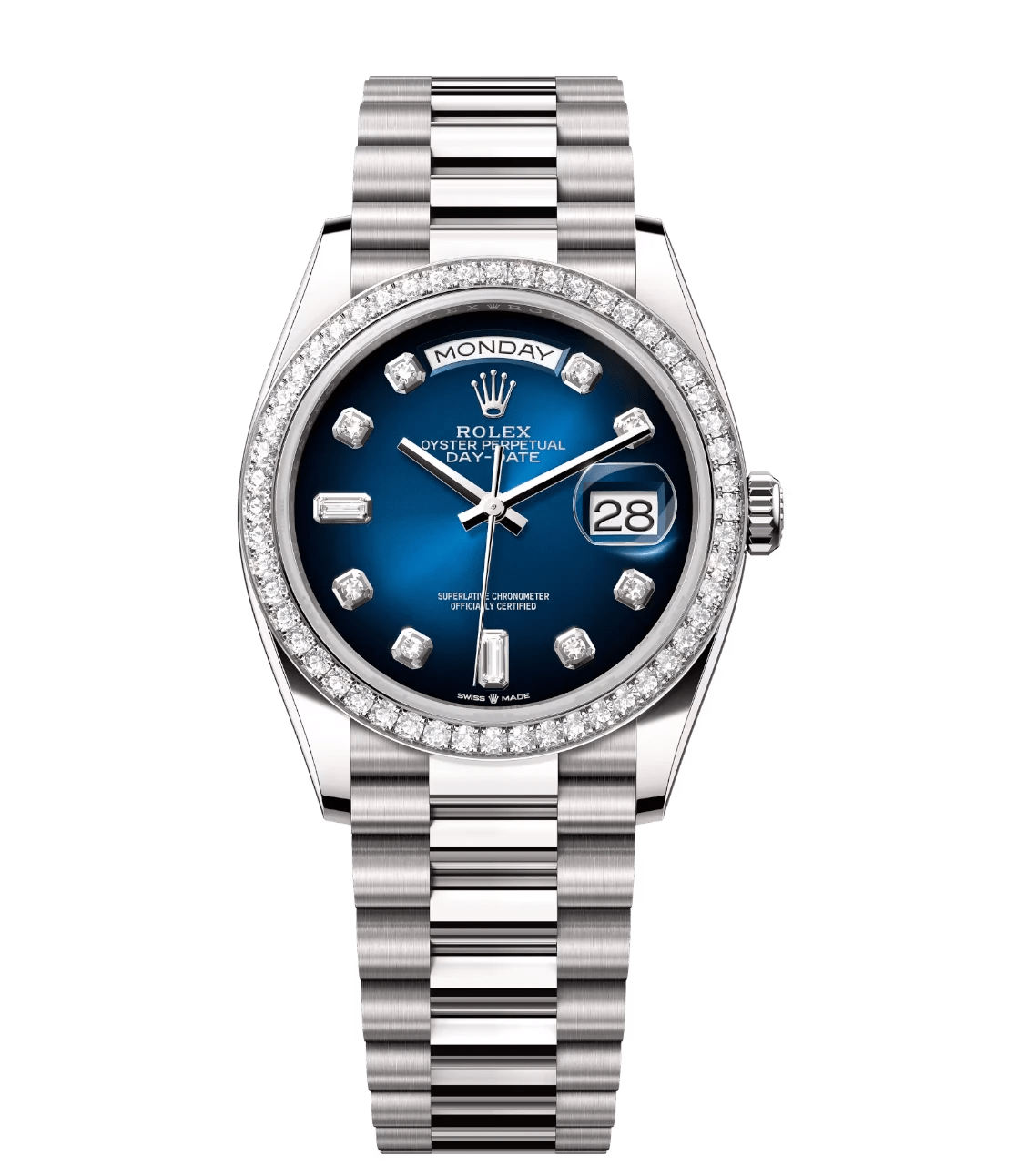 Rolex Day-Date 36 Oyster Perpetual 18 ct white gold blue ombré, diamond-set dial diamond-set bezel President band Reference 128349RBR Compact 1679