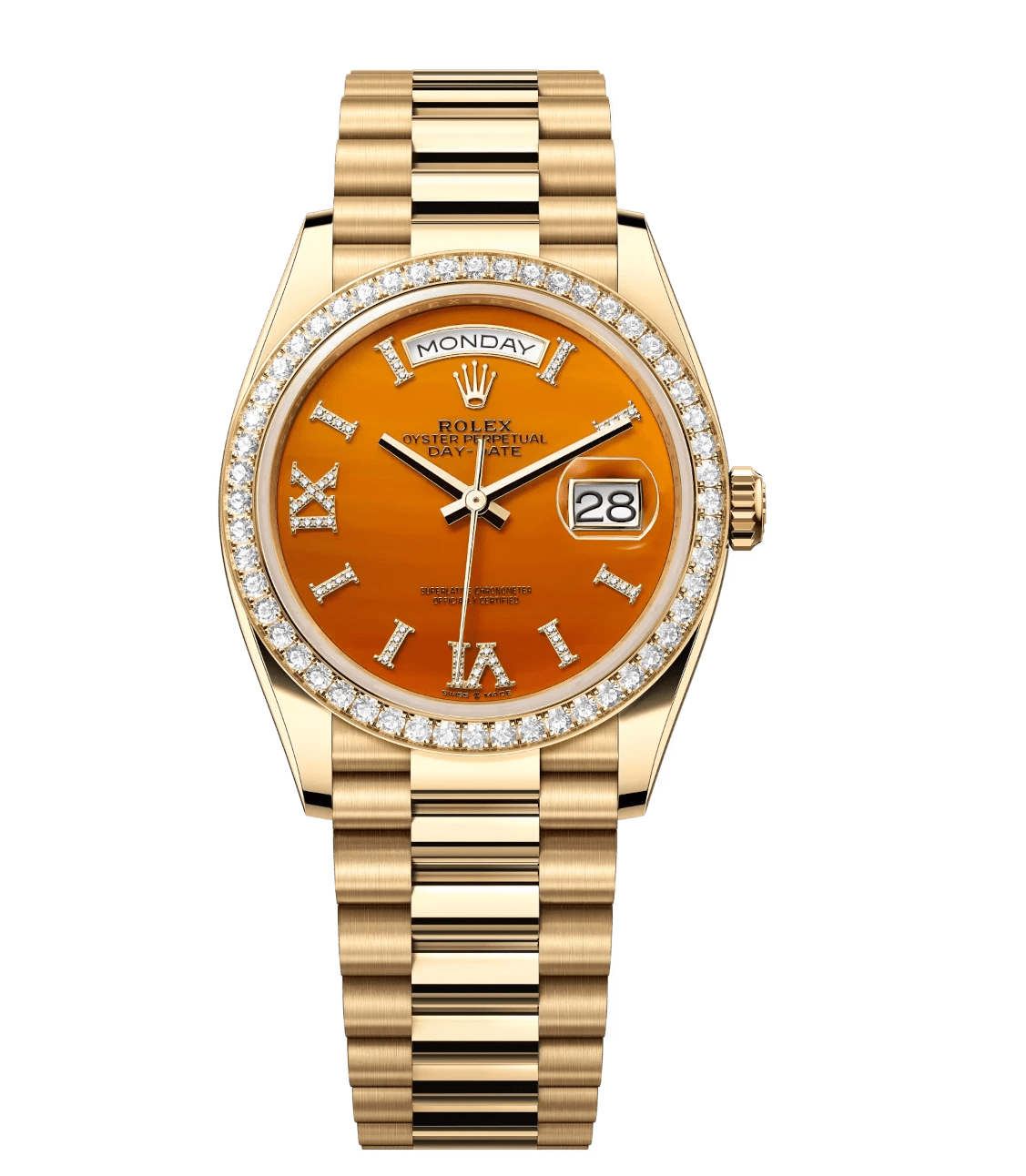 Flexible Rolex Day-Date 36 Oyster Perpetual 18 ct yellow gold carnelian, diamond-set dial diamond-set bezel President band Reference 128348RBR 1811