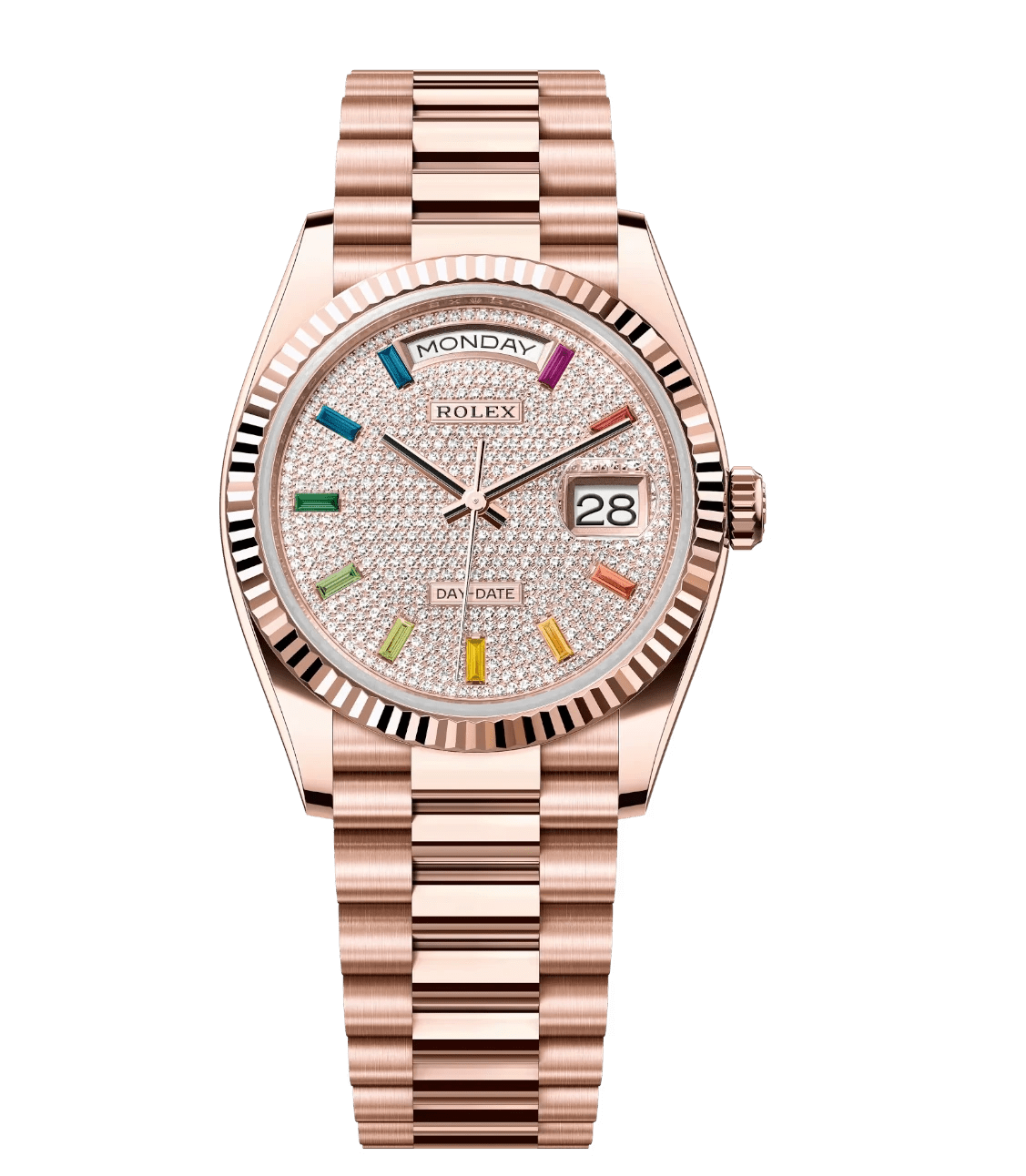 EasyMatch Rolex Day-Date 36 Oyster Perpetual 18 ct Everose gold diamond-paved dial fluted bezel President band Reference 1726