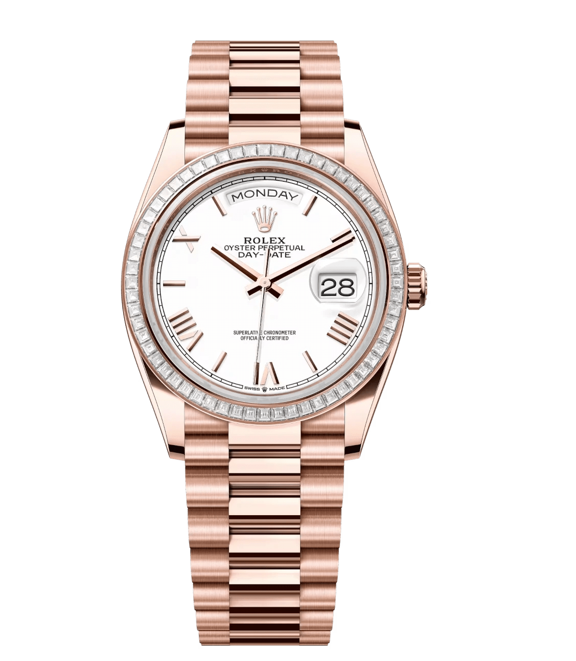 FashionForward Rolex Day-Date 36 Oyster Perpetual 18 ct Everose gold white dial diamond-set bezel President band Reference 128395TBR 1771
