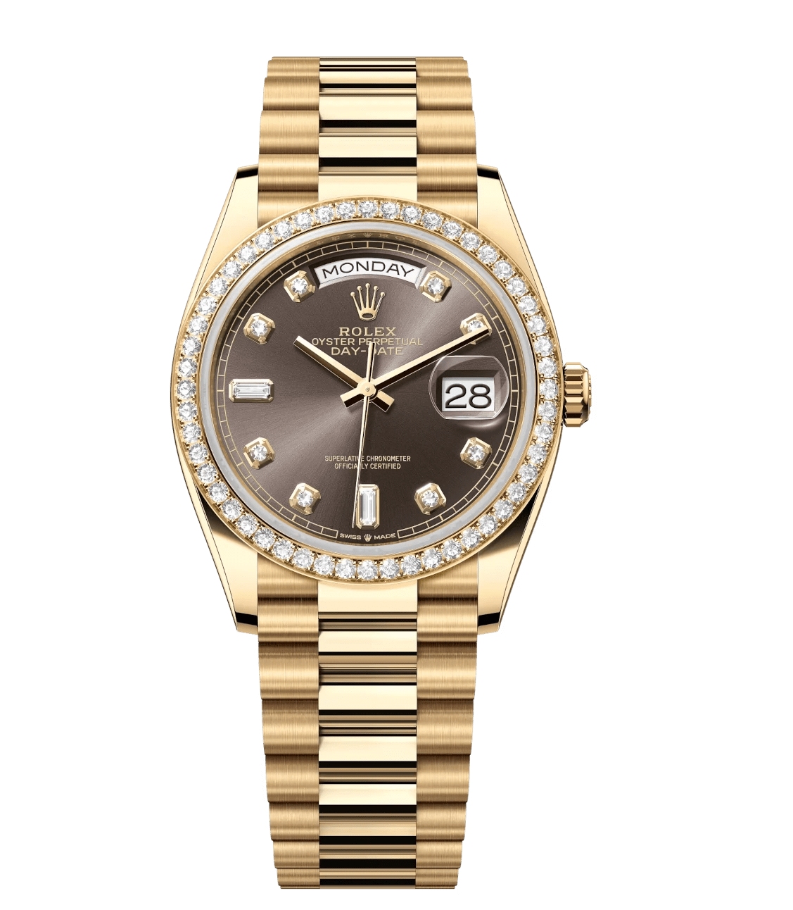 Rolex Day-Date 36 Oyster Perpetual 18 ct yellow gold dark grey, diamond-set dial diamond-set bezel President band Reference 128348RBR FashionForward 1782