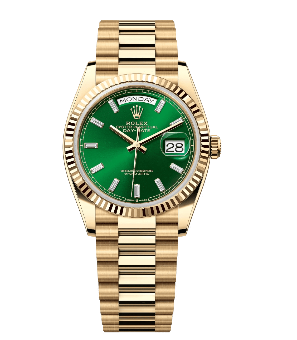 Sustainable Rolex Day-Date 36 Oyster Perpetual 18 ct yellow gold bright green, diamond-set dial fluted bezel President band Reference 1755