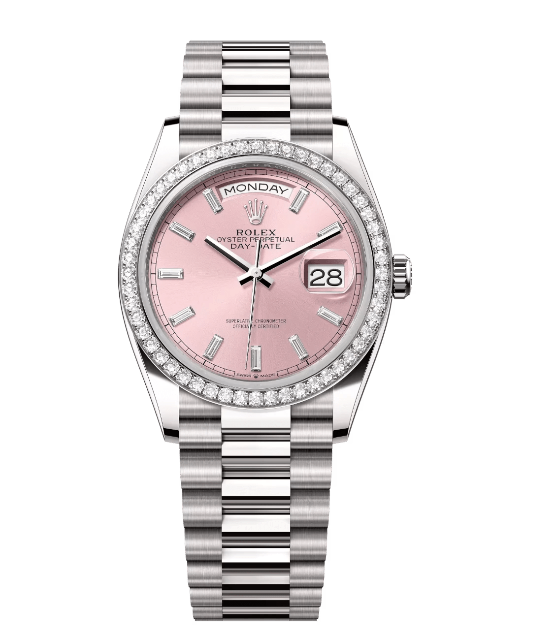 Timeless Rolex Day-Date 36 Oyster Perpetual 18 ct white gold pink, diamond-set dial diamond-set bezel President band Reference 128349RBR 1708