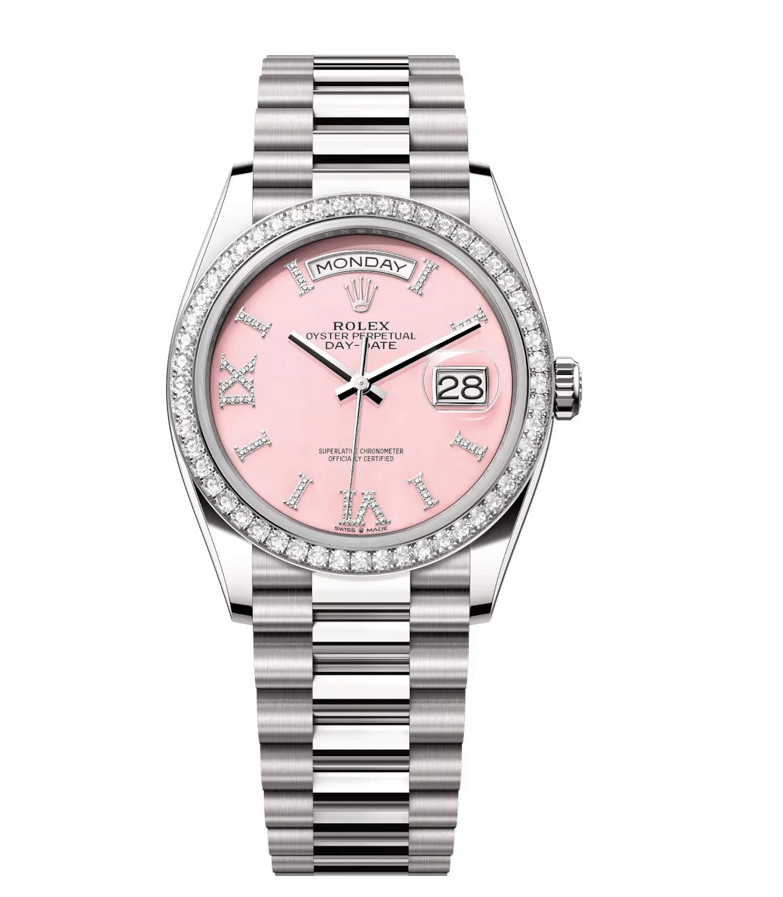 Rolex Day-Date 36 Oyster Perpetual 18 ct white gold pink opal, diamond-set dial diamond-set bezel President band Reference 128349RBR Affordable 1781