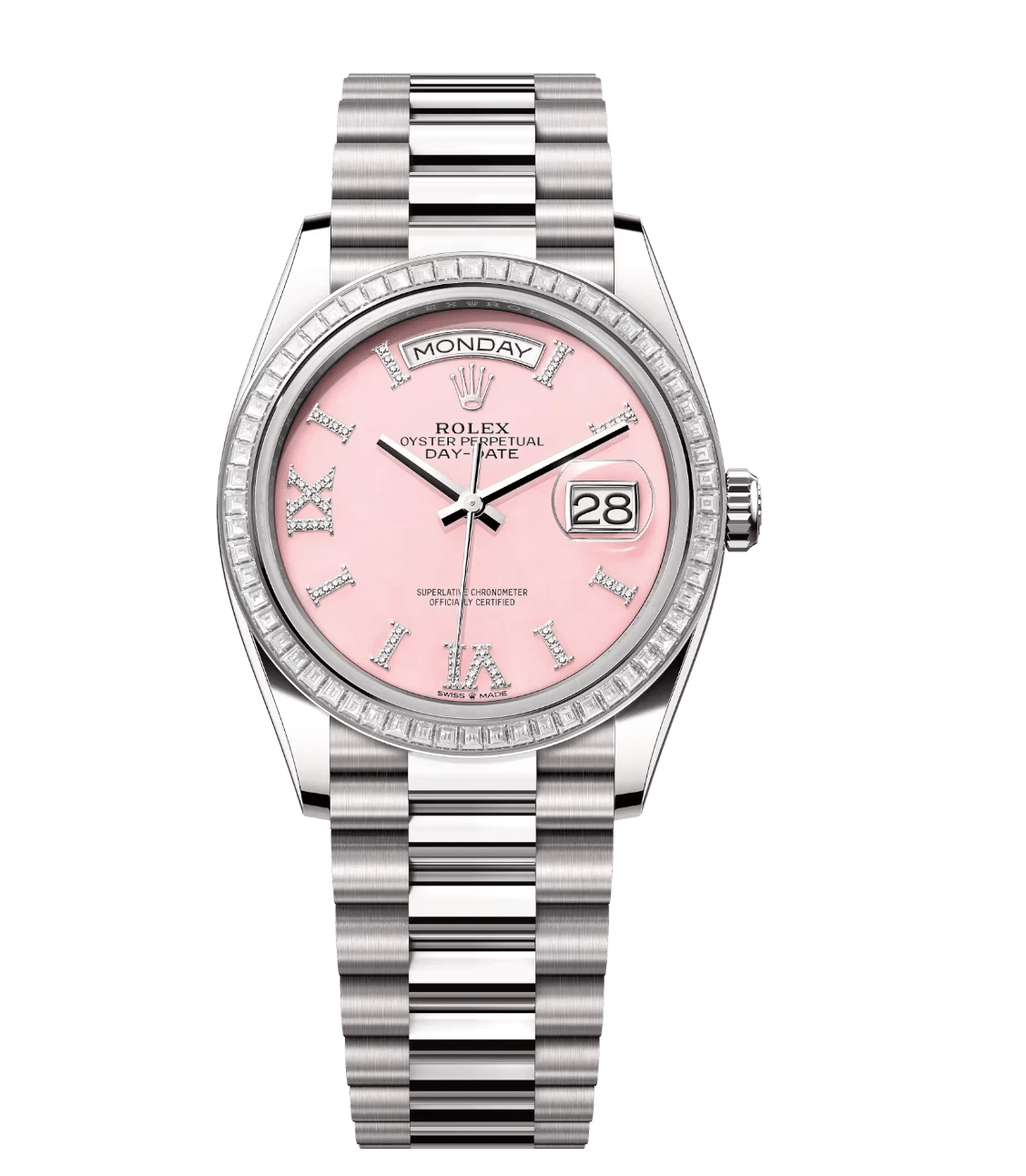 AllSeason Rolex Day-Date 36 Oyster Perpetual 18 ct white gold pink opal, diamond-set dial diamond-set bezel President band Reference 128399TBR 1688