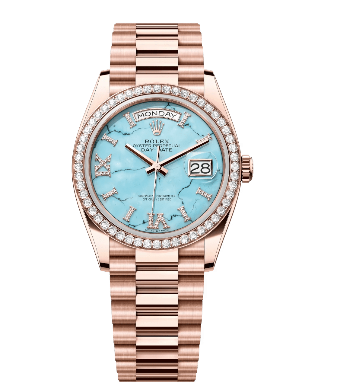 Rolex Day-Date 36 Oyster Perpetual 18 ct Everose gold turquoise, diamond-set dial diamond-set bezel President band Reference 128345RBR HighPerformance 1772
