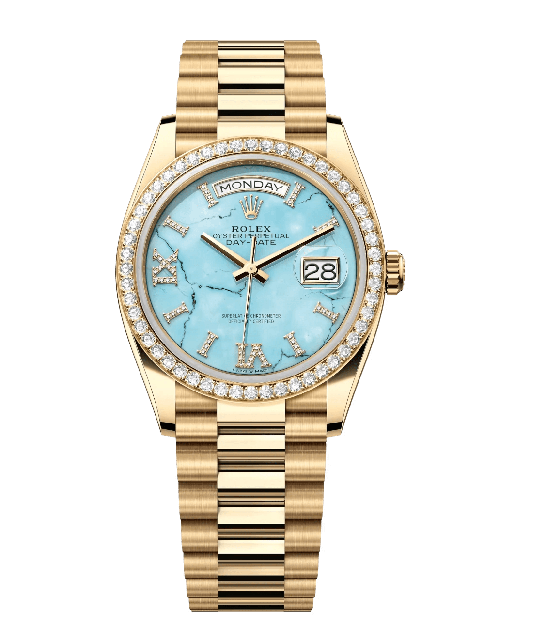 Rolex Day-Date 36 Oyster Perpetual 18 ct yellow gold turquoise, diamond-set dial diamond-set bezel President band Reference 128348RBR Trendsetting 1683