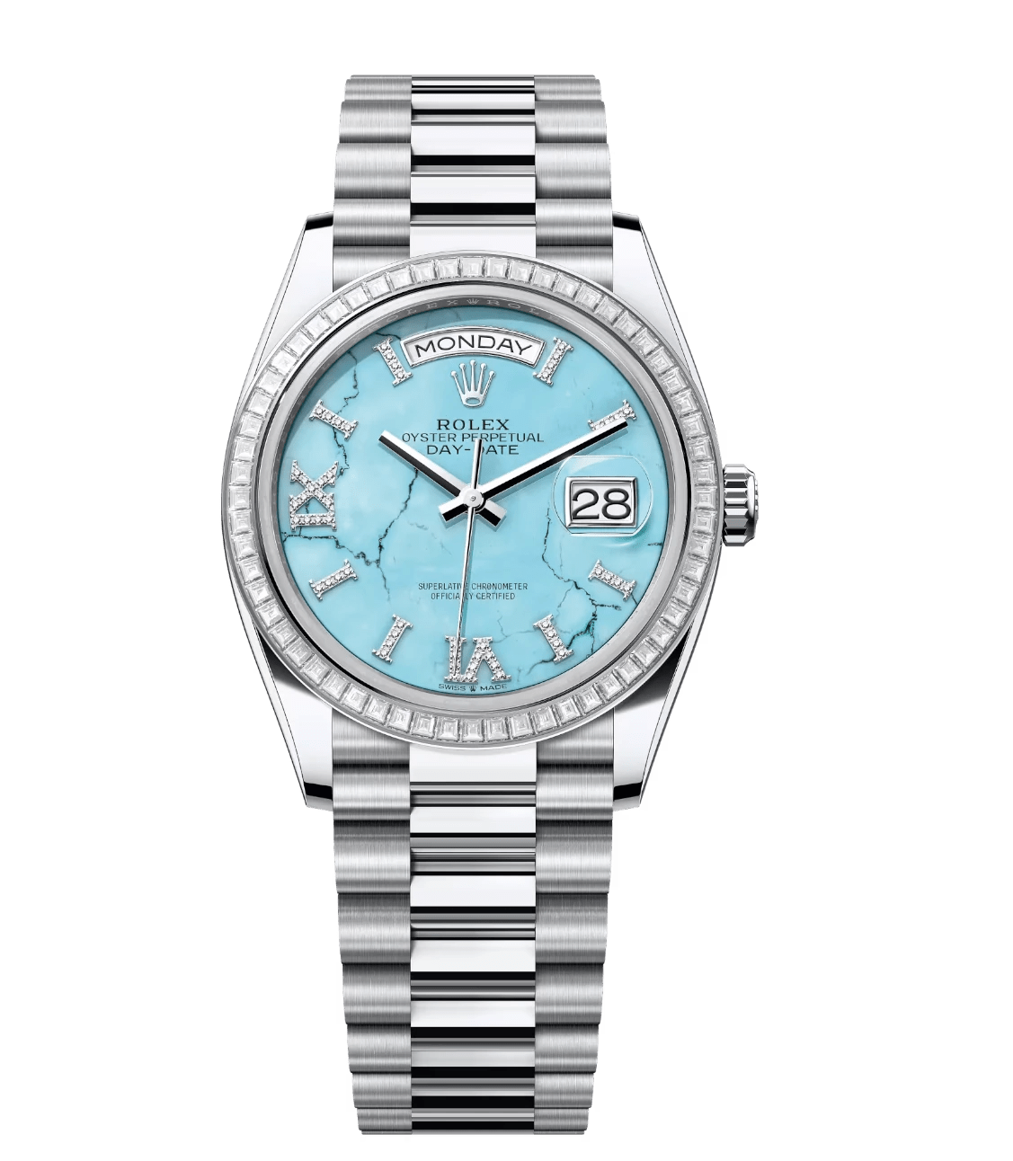 Rolex Day-Date 36 Oyster Perpetual platinum turquoise, diamond-set dial diamond-set bezel President band Reference 128396TBR StreetReady 1709