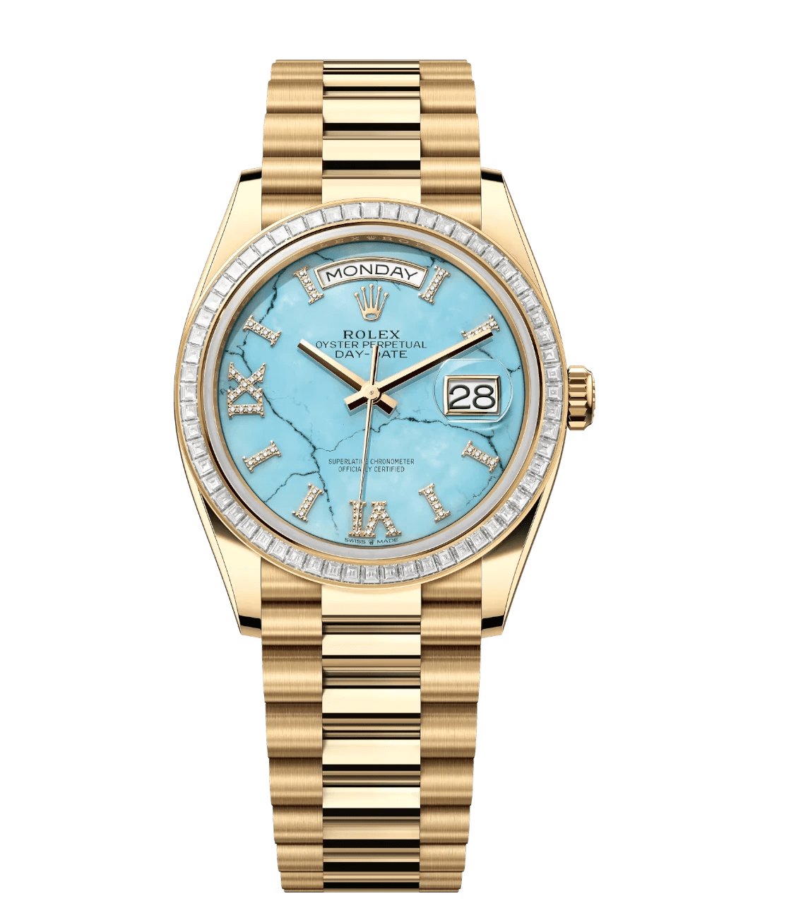 Rolex Day-Date 36 Oyster Perpetual 18 ct yellow gold turquoise, diamond-set dial diamond-set bezel President band Reference 128398TBR Bold 1747