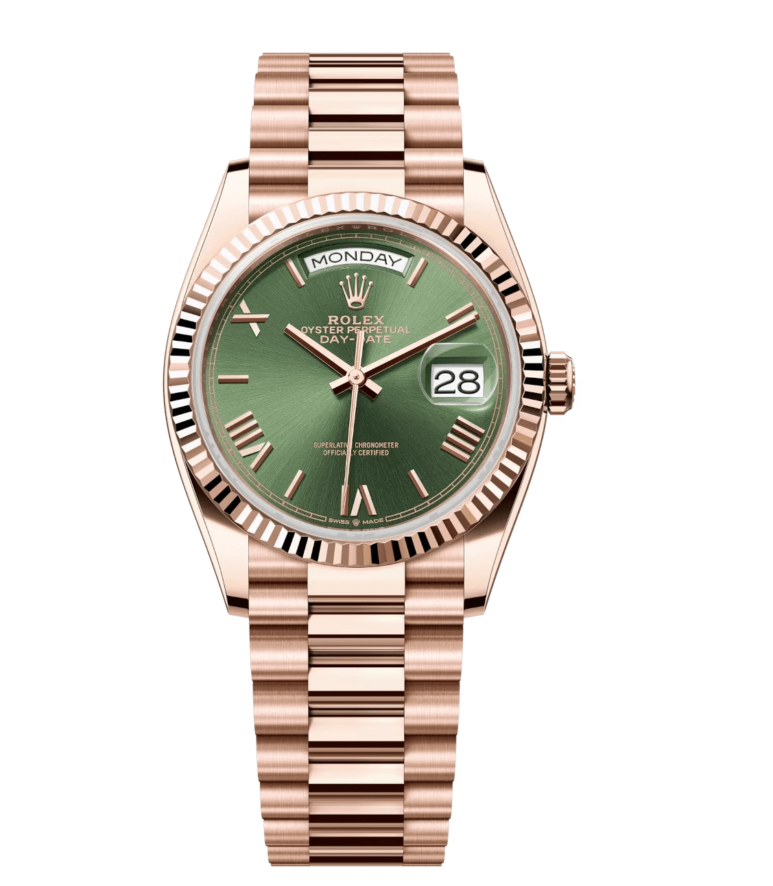 Rolex Day-Date 36 Oyster Perpetual 18 ct Everose gold olive-green dial fluted bezel President band Reference DailyWear 1773