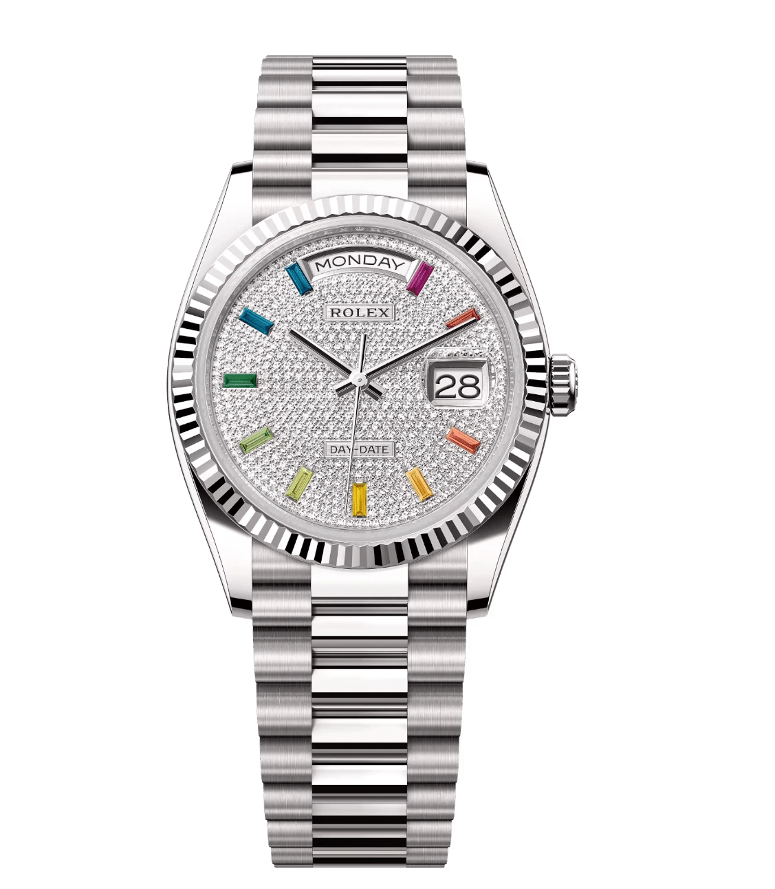 Practical Rolex Day-Date 36 Oyster Perpetual 18 ct white gold diamond-paved dial fluted bezel President band Reference 1743