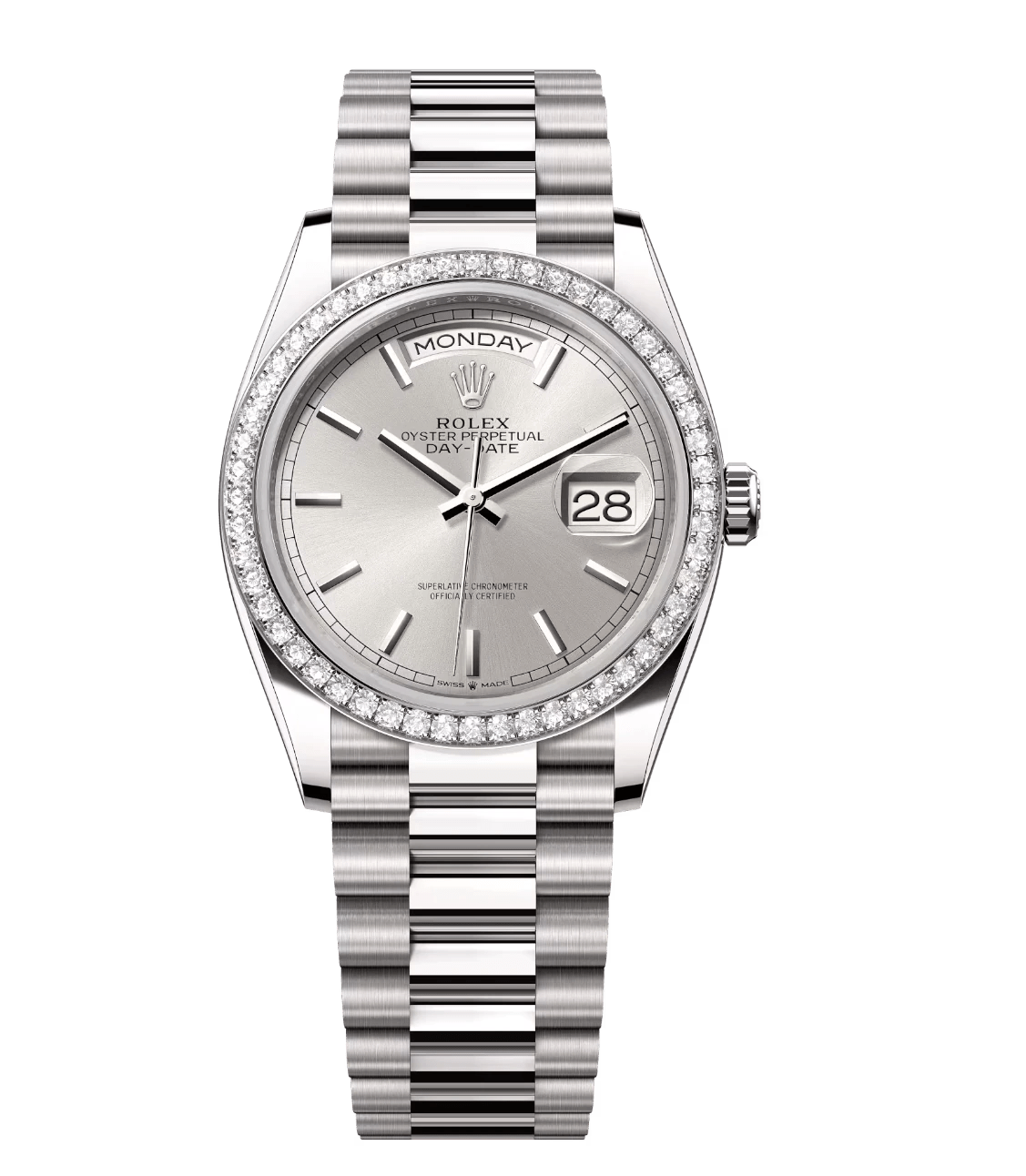 Rolex Day-Date 36 Oyster Perpetual 18 ct white gold silver dial diamond-set bezel President band Reference 128349RBR ComfortFit 1734