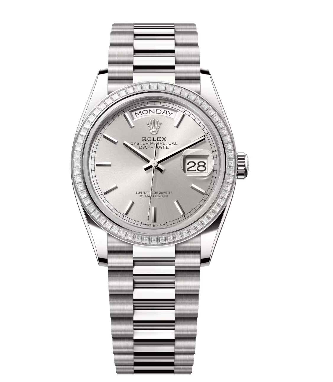 UrbanChic Rolex Day-Date 36 Oyster Perpetual 18 ct white gold silver dial diamond-set bezel President band Reference 128399TBR 1695