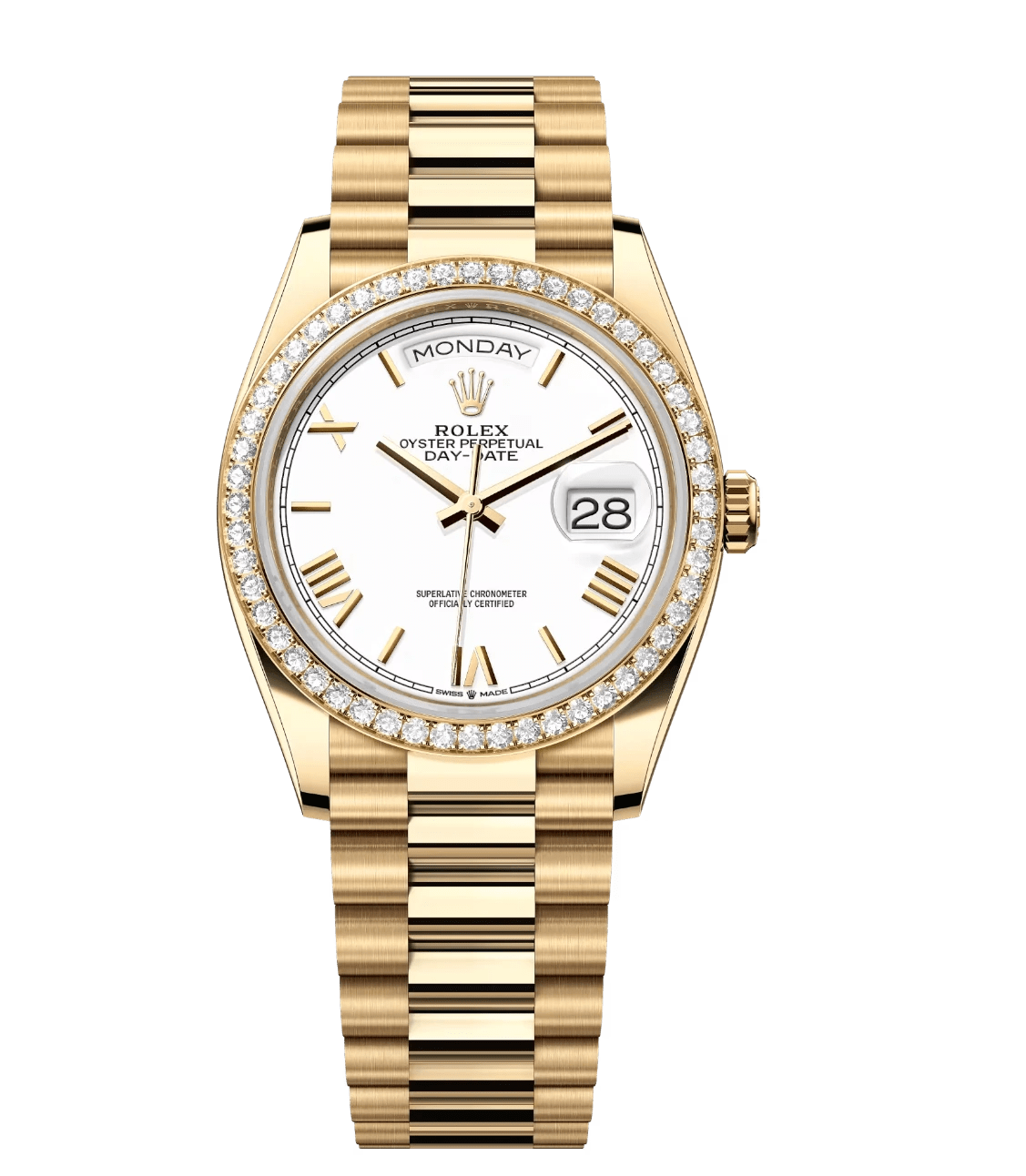 Rolex Day-Date 36 Oyster Perpetual 18 ct yellow gold white dial diamond-set bezel President band Reference 128348RBR WellDesigned 1754