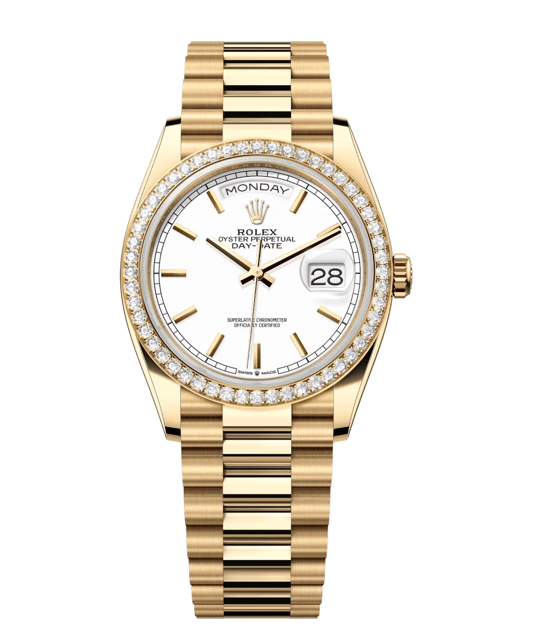 Rolex Day-Date 36 Oyster Perpetual 18 ct yellow gold white dial diamond-set bezel President band Reference 128348RBR AllSeason 1794