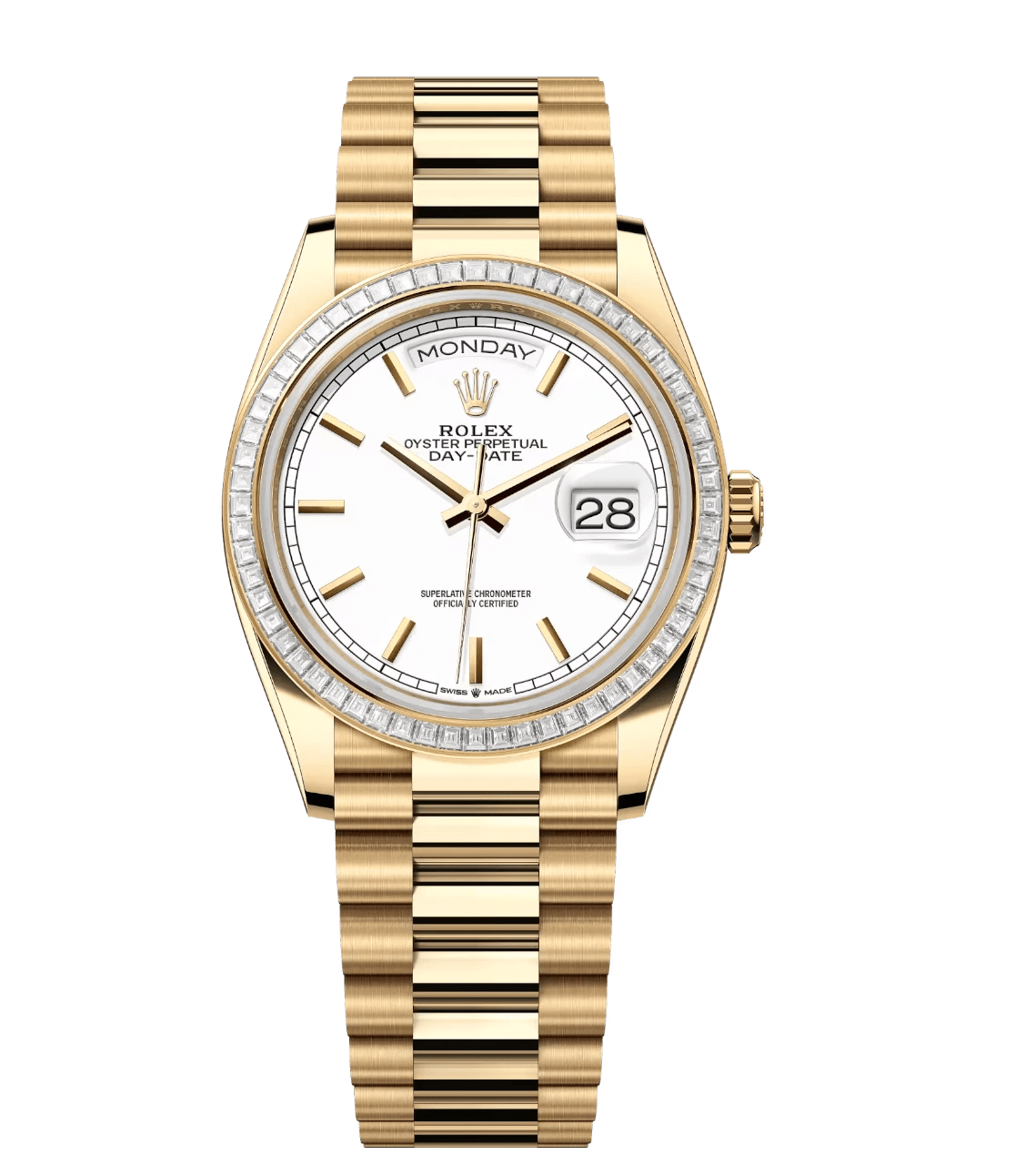 Rolex Day-Date 36 Oyster Perpetual 18 ct yellow gold white dial diamond-set bezel President band Reference 128398TBR Neat 1686