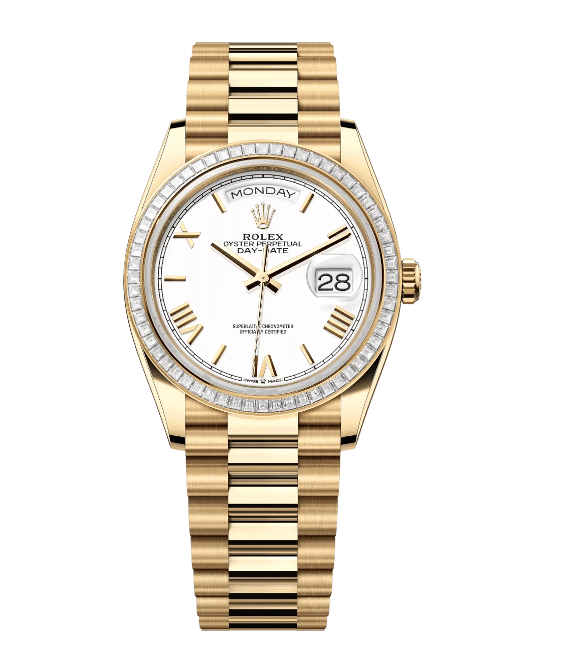 Breathable Rolex Day-Date 36 Oyster Perpetual 18 ct yellow gold white dial diamond-set bezel President band Reference 128398TBR 1727